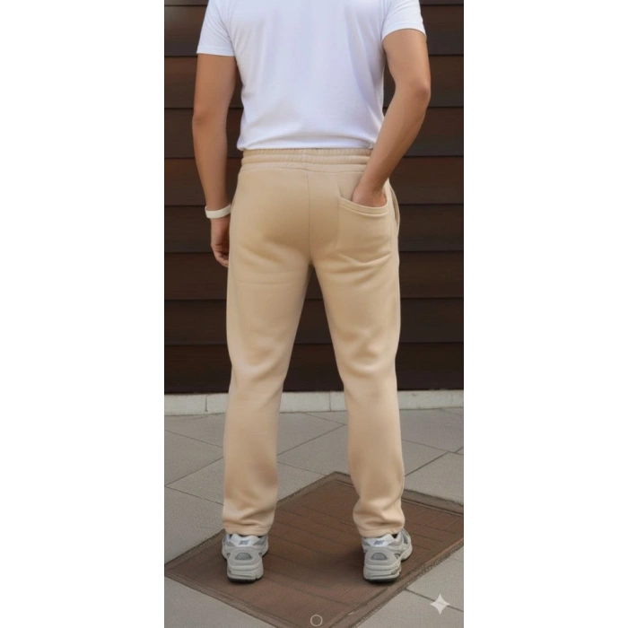 Erkek Üç Iplik Kışlık Pamuklu Ovarsize Bağcıklı Düz Paça Cepli Eşofman Altı Spor Rahat Model - Bej