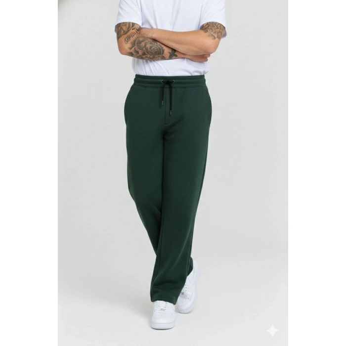 Erkek Üç Iplik Kışlık Pamuklu Ovarsize Bağcıklı Düz Paça Cepli Eşofman Altı Spor Rahat Model - Haki