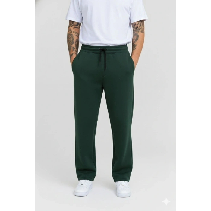 Erkek Üç Iplik Kışlık Pamuklu Ovarsize Bağcıklı Düz Paça Cepli Eşofman Altı Spor Rahat Model - Haki