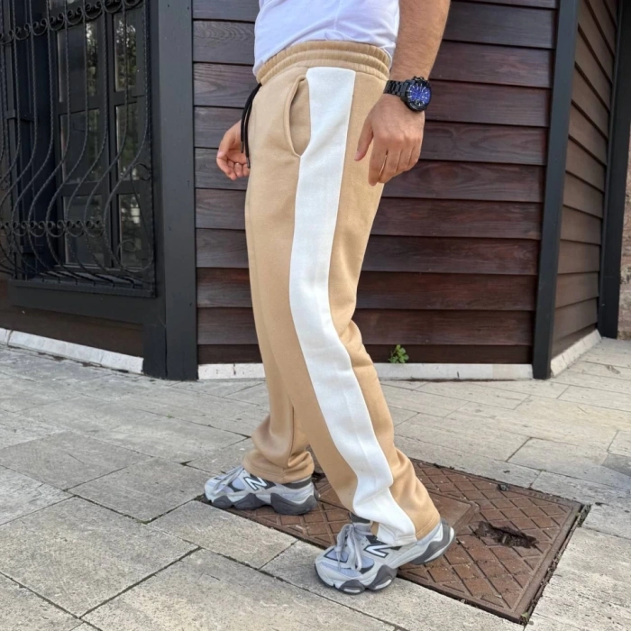 Erkek Üç İplik Kışlık Pamuklu Yandan Garneli Kalın Şeritli Cepli Eşofman Altı - Bej