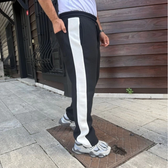 Erkek Üç İplik Kışlık Pamuklu Yandan Garneli Kalın Şeritli Cepli Eşofman Altı - Siyah