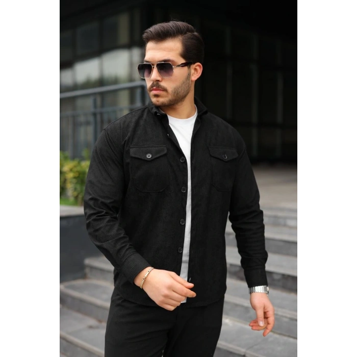 Erkek Uzun Kollu Cepli Kadife Gömlek