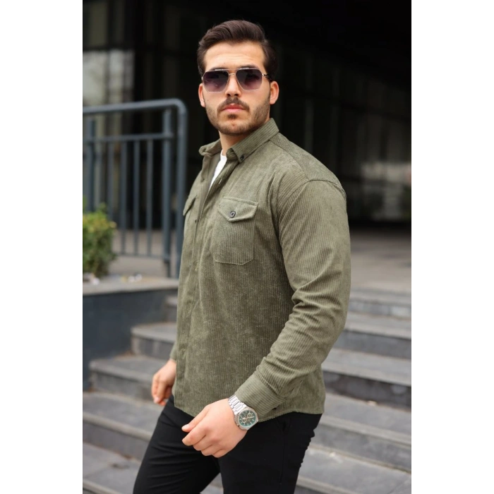 Erkek Uzun Kollu Cepli Kadife Gömlek