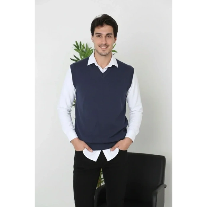 Erkek V Yaka Kolsuz Süveter Triko Kazak Yumuşak Dokulu Pamuklu Ince Dokuma Rahat Regular Kalıp - Lacivert