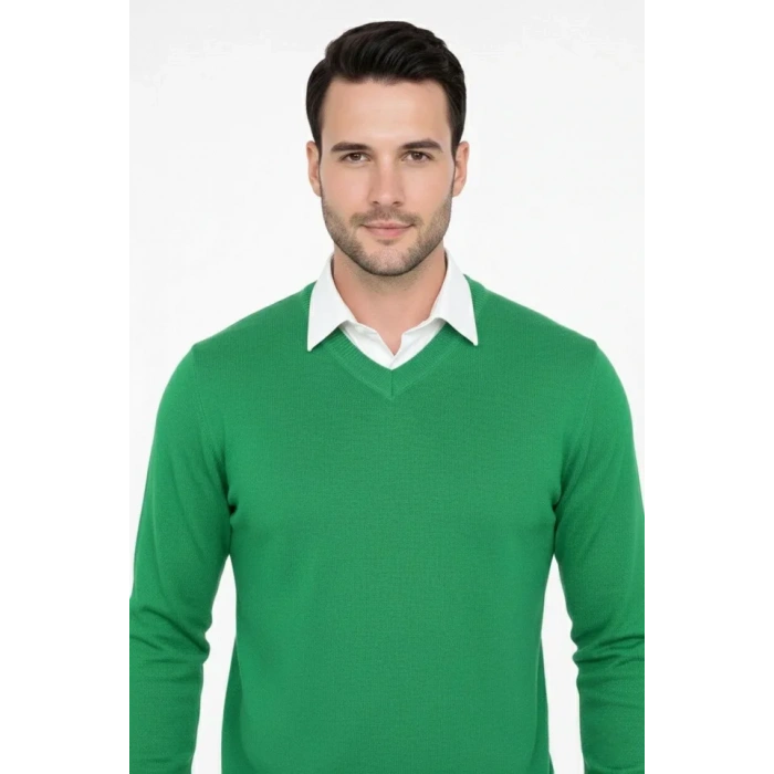 Erkek V Yaka Triko Kazak Yumuşak Dokulu Pamuklu Ince Dokuma, Uzun Kollu Rahat Regular Kalıp - Çimen Yeşili