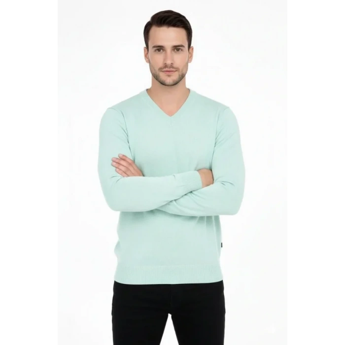 Erkek V Yaka Triko Kazak Yumuşak Dokulu Pamuklu Ince Dokuma, Uzun Kollu Rahat Regular Kalıp - Mint Yeşili