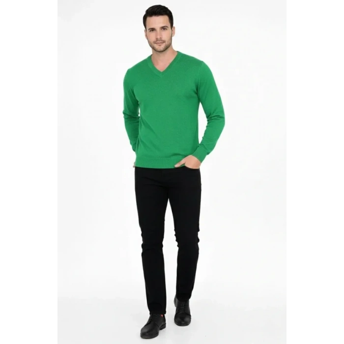 Erkek V Yaka Triko Kazak Yumuşak Dokulu Pamuklu Ince Dokuma, Uzun Kollu Rahat Regular Kalıp - Çimen Yeşili