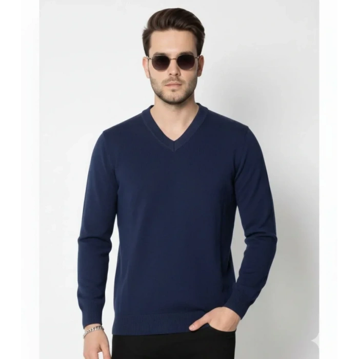Erkek V Yaka Triko Kazak Yumuşak Dokulu Pamuklu Ince Dokuma, Uzun Kollu Rahat Regular Kalıp - Lacivert