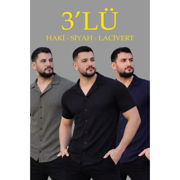 Erkek Waffle Dokuma Açık Yakalı Düğmeli Regular Kalıp 3’lü Gömlek Seti - Siyah, Haki, Lacivert