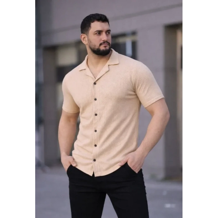 Erkek Waffle Kumaş Kısa Kollu Düğmeli Açık Yaka Regular Fit Gömlek - Bej