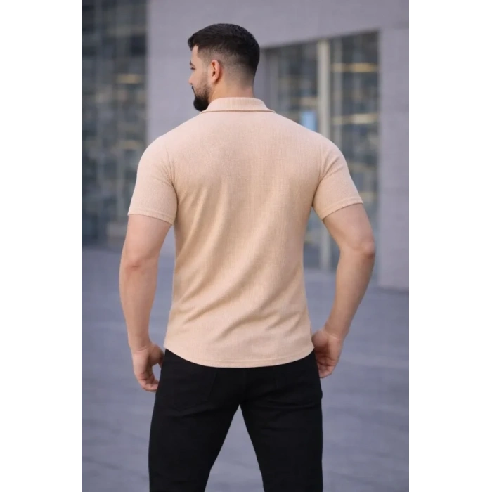 Erkek Waffle Kumaş Kısa Kollu Düğmeli Açık Yaka Regular Fit Gömlek - Bej