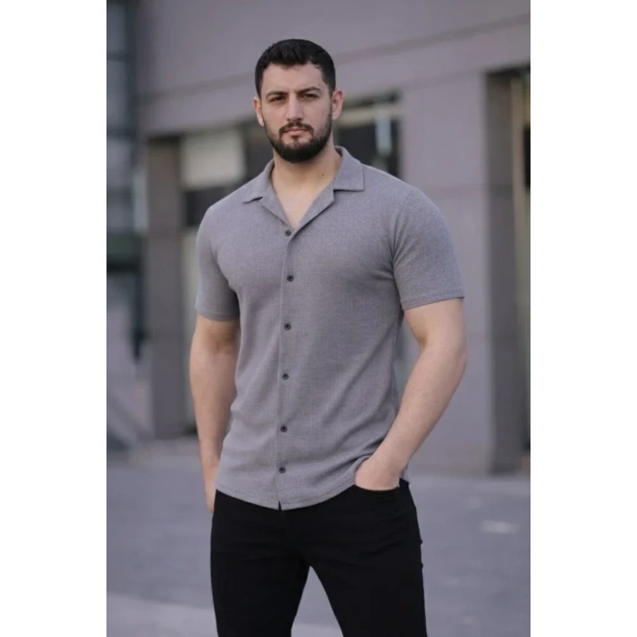 Erkek Waffle Kumaş Kısa Kollu Düğmeli Açık Yaka Regular Fit Gömlek - Gri