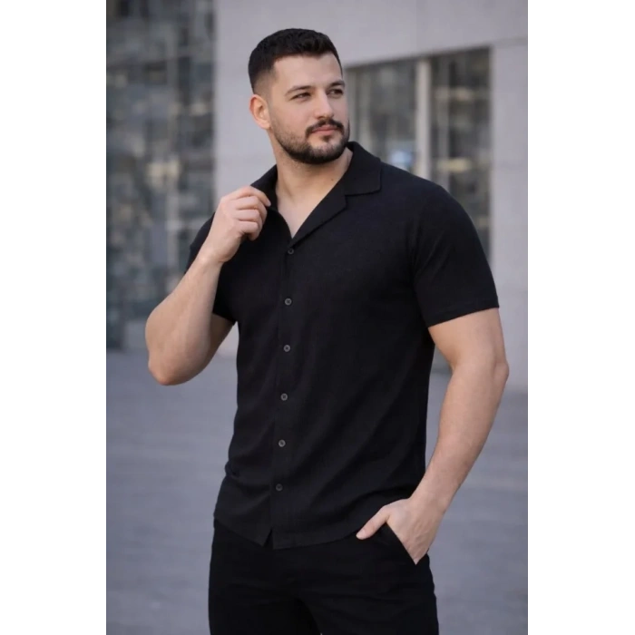 Erkek Waffle Kumaş Kısa Kollu Düğmeli Açık Yaka Regular Fit Gömlek - Siyah