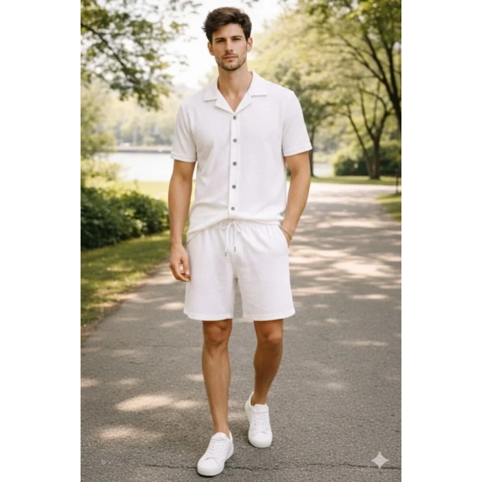 Erkek Waffle Kumaş Kısa Kollu Gömlek Şort Takım Regular Fit Yazlık İkili Set - Beyaz