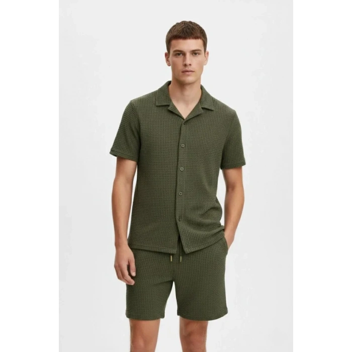 Erkek Waffle Kumaş Kısa Kollu Gömlek Şort Takım Regular Fit Yazlık İkili Set - Haki