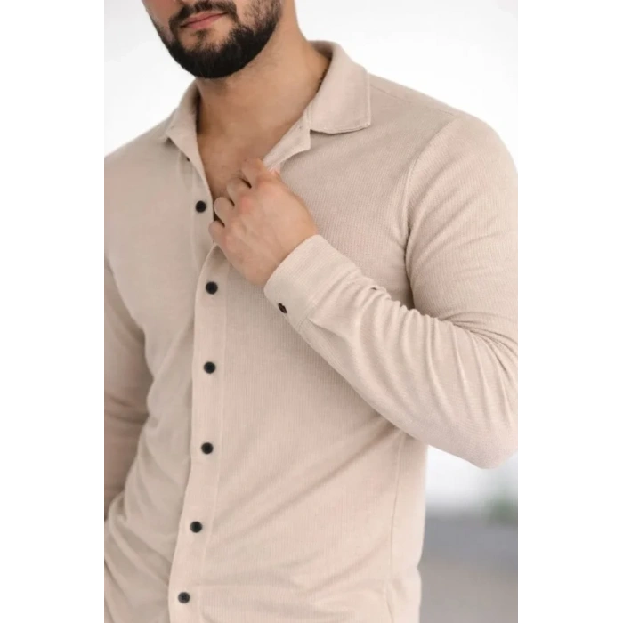 Erkek Waffle Kumaş Uzun Kollu Düğmeli Açık Yaka Regular Fit Gömlek - Bej
