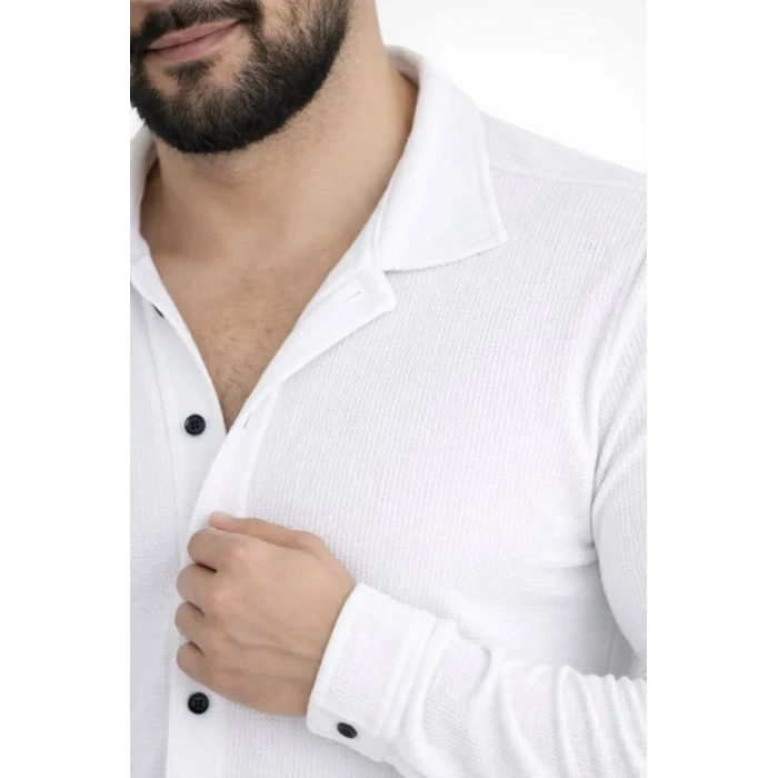 Erkek Waffle Kumaş Uzun Kollu Düğmeli Açık Yaka Regular Fit Gömlek - Beyaz