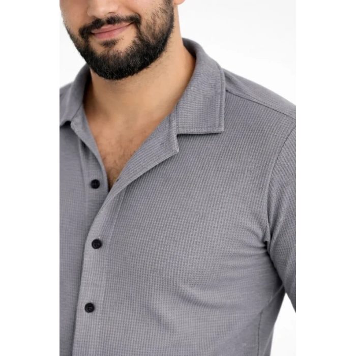 Erkek Waffle Kumaş Uzun Kollu Düğmeli Açık Yaka Regular Fit Gömlek - Füme