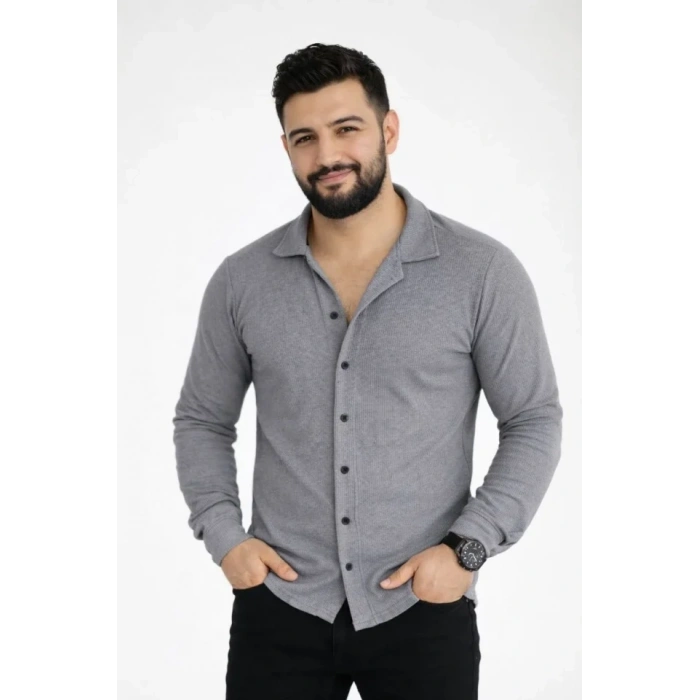 Erkek Waffle Kumaş Uzun Kollu Düğmeli Açık Yaka Regular Fit Gömlek - Füme