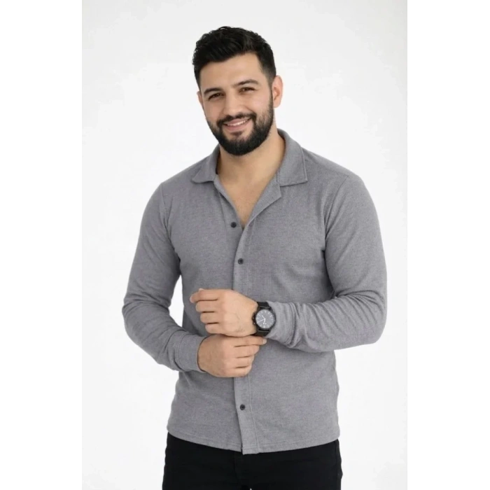Erkek Waffle Kumaş Uzun Kollu Düğmeli Açık Yaka Regular Fit Gömlek - Füme