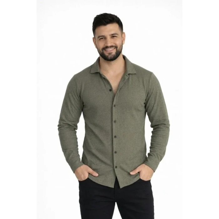 Erkek Waffle Kumaş Uzun Kollu Düğmeli Açık Yaka Regular Fit Gömlek - Haki