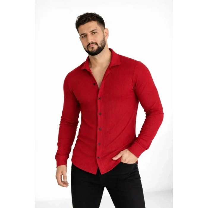 Erkek Waffle Kumaş Uzun Kollu Düğmeli Açık Yaka Regular Fit Gömlek - Kırmızı