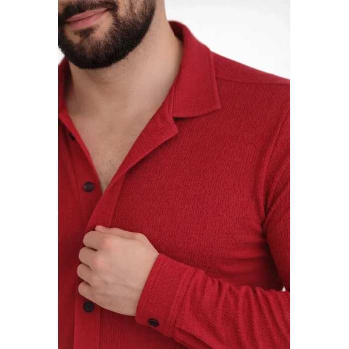 Erkek Waffle Kumaş Uzun Kollu Düğmeli Açık Yaka Regular Fit Gömlek - Kırmızı