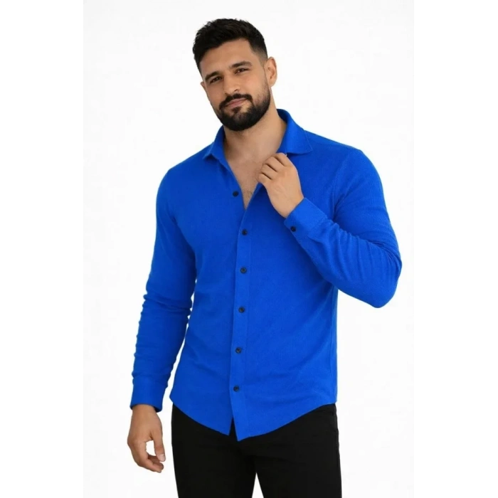 Erkek Waffle Kumaş Uzun Kollu Düğmeli Açık Yaka Regular Fit Gömlek - Saks Mavisi