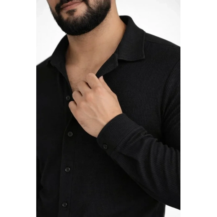 Erkek Waffle Kumaş Uzun Kollu Düğmeli Açık Yaka Regular Fit Gömlek - Siyah