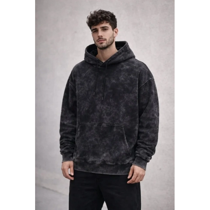 Erkek Yağ Yıkamalı Kapşonlu Double Oversize Üç İplik Pamuklu Sweatshirt - Siyah