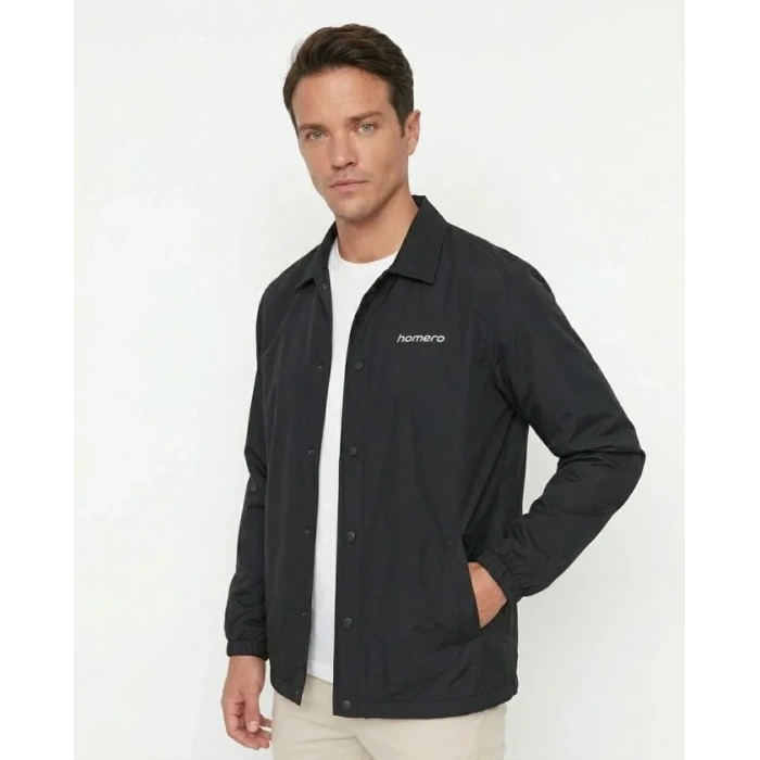 Erkek Yağmur İtici İç Astarlı Çıtçıtlı İç Cepli Dış Cepli Mevsimlik Ceket - Siyah