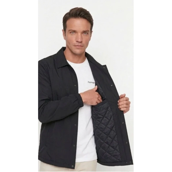 Erkek Yağmur İtici İç Astarlı Çıtçıtlı İç Cepli Dış Cepli Mevsimlik Ceket - Siyah