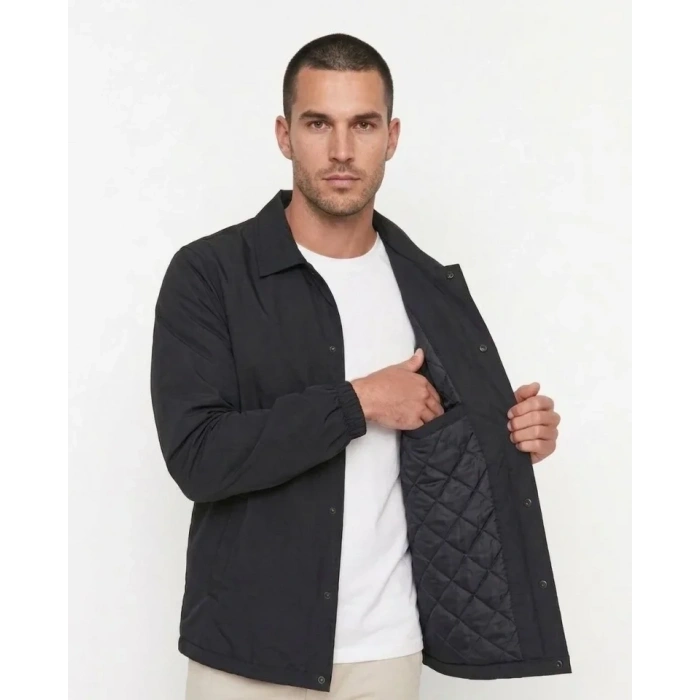 Erkek Yağmur İtici İç Astarlı Çıtçıtlı İç Cepli Dış Cepli Mevsimlik Mont - Siyah