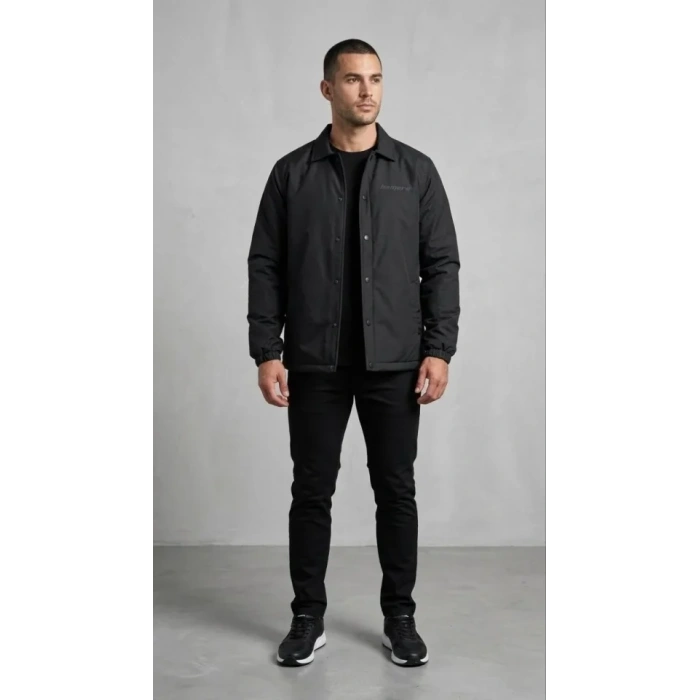 Erkek Yağmur İtici İç Astarlı Çıtçıtlı İç Cepli Dış Cepli Mevsimlik Mont - Siyah