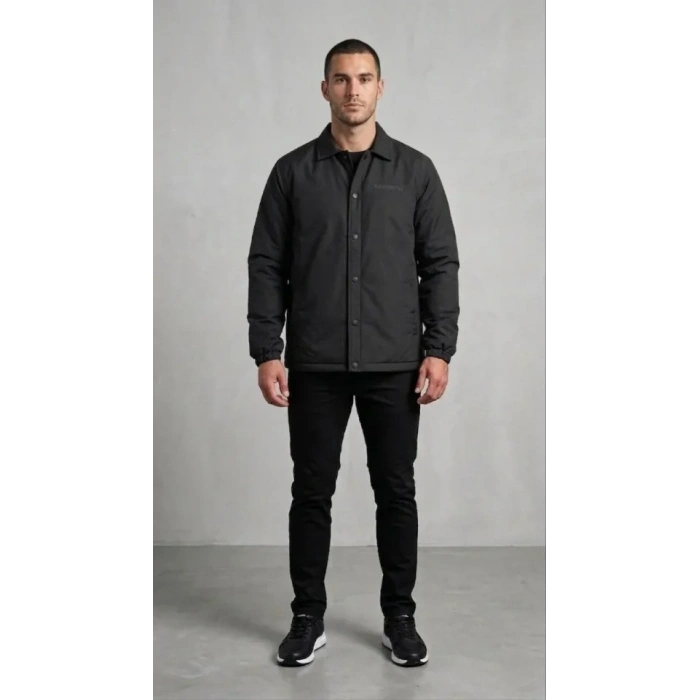Erkek Yağmur İtici İç Astarlı Çıtçıtlı İç Cepli Dış Cepli Mevsimlik Mont - Siyah
