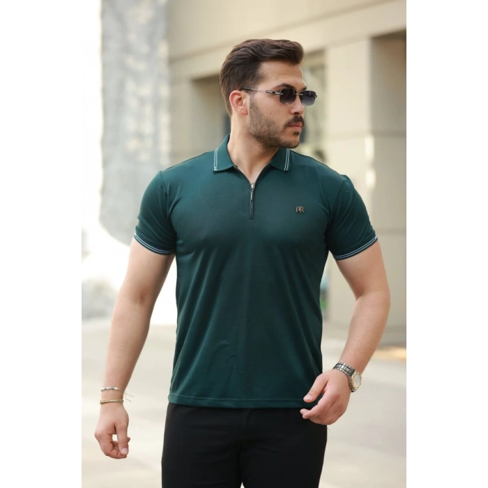 Erkek Yaka Ve Kolları çizgi Detaylı Fermuar Yakalı Kısa Kollu Tişört