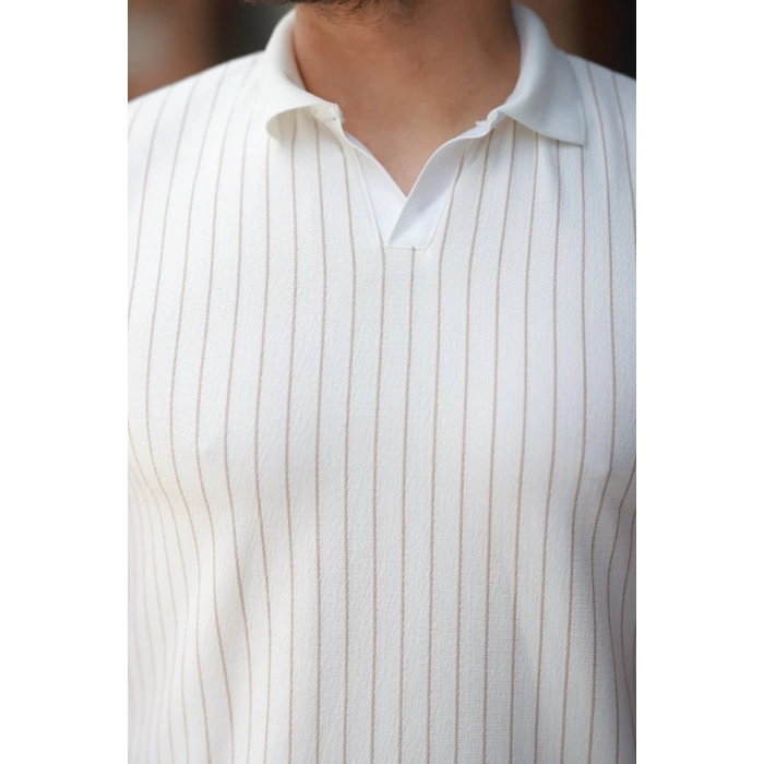 Erkek Yakalı çizgi Desenli Kısa Kollu Tişört