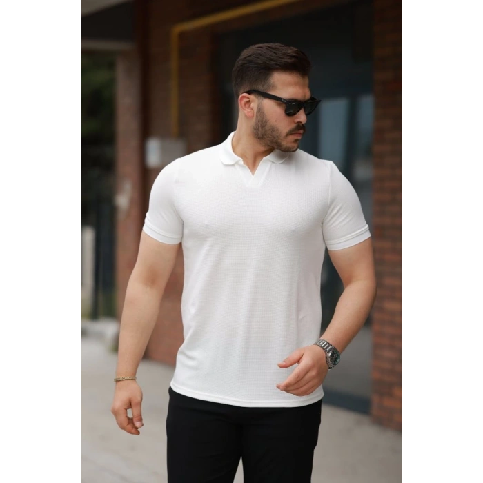 Erkek Yakalı Waffle Dokulu Kısa Kollu Tişört