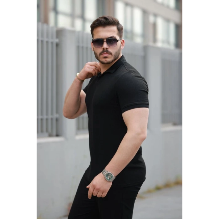 Erkek Yakalı Waffle Dokulu Kısa Kollu Tişört