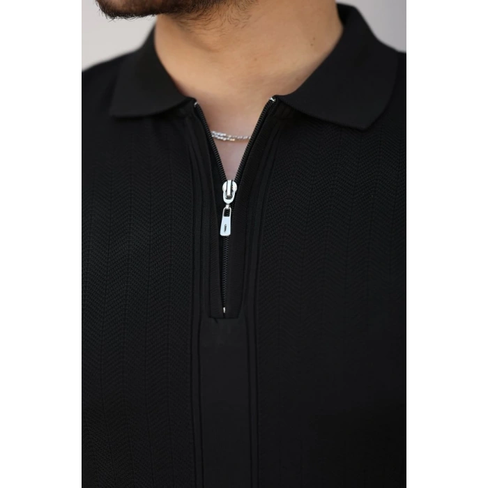 Erkek Yakası Fermuarlı Kısa Kollu T-shirt