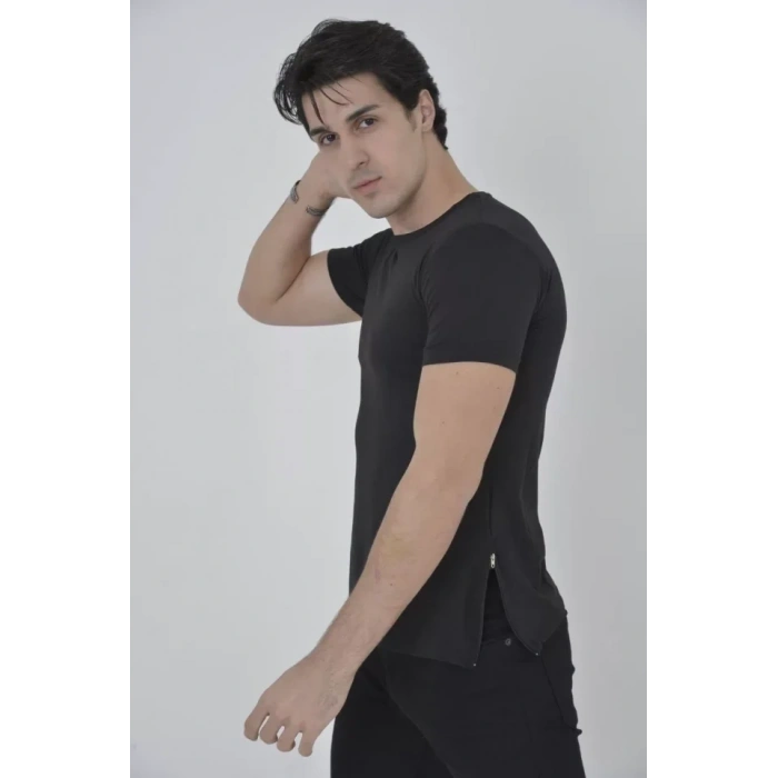 Erkek Yandan Fermuarli Slim Fit T-shirt - Siyah