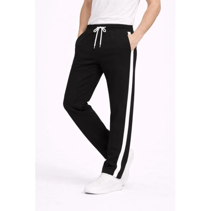 Erkek Yandan Şeritli Boru Paça Eşofman Altı 3 Iplik Pamuklu Eşofman - Siyah