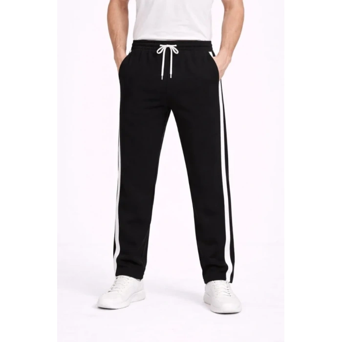 Erkek Yandan Şeritli Boru Paça Eşofman Altı 3 Iplik Pamuklu Eşofman - Siyah