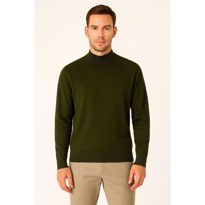 Erkek Yarım Boğaz Triko Kazak Yumuşak Dokulu Pamuklu Ince Dokuma, Uzun Kollu Rahat Regular Kalıp - Haki