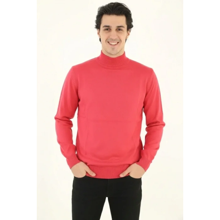 Erkek Yarım Boğaz Triko Kazak Yumuşak Dokulu Pamuklu Ince Dokuma, Uzun Kollu Rahat Regular Kalıp - Pembe