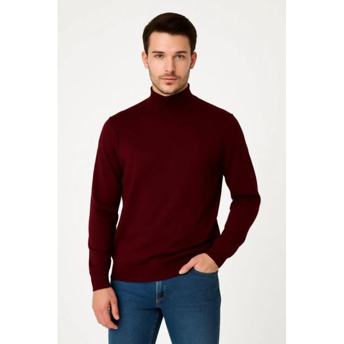 Erkek Yarım Boğaz Triko Kazak Yumuşak Dokulu Pamuklu Ince Dokuma, Uzun Kollu Rahat Regular Kalıp - Bordo