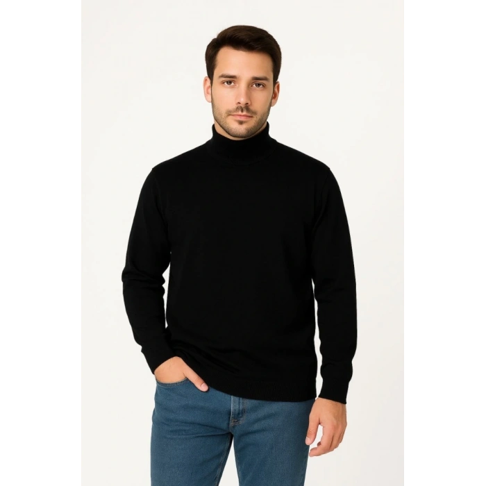 Erkek Yarım Boğaz Triko Kazak Yumuşak Dokulu Pamuklu Ince Dokuma, Uzun Kollu Rahat Regular Kalıp - Siyah