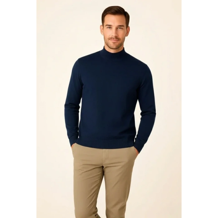 Erkek Yarım Boğaz Triko Kazak Yumuşak Dokulu Pamuklu Ince Dokuma, Uzun Kollu Rahat Regular Kalıp - Lacivert