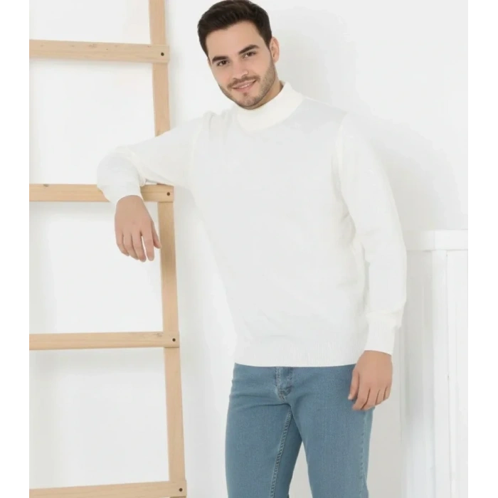Erkek Yarım Boğaz Triko Kazak Yumuşak Dokulu Pamuklu Ince Dokuma, Uzun Kollu Rahat Regular Kalıp - Beyaz