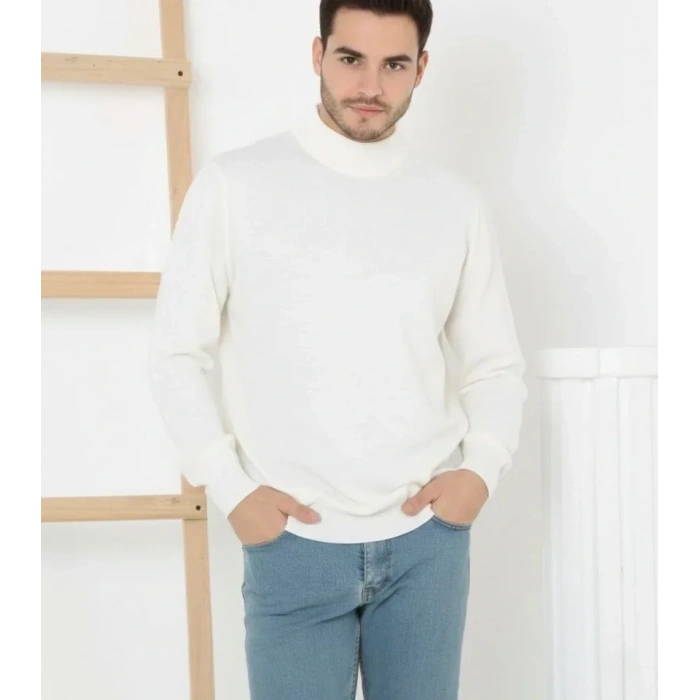 Erkek Yarım Boğaz Triko Kazak Yumuşak Dokulu Pamuklu Ince Dokuma, Uzun Kollu Rahat Regular Kalıp - Beyaz